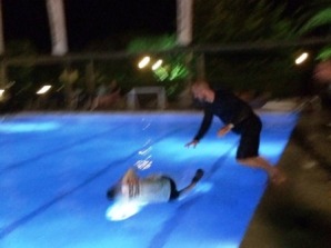 Getting thrown in the pool on my Birthday, joined unexpectedly by Frenchie!